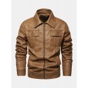 Men Zipper Lapel Pockets PU Leather Motorcycle Jackets