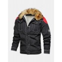 Mens Button Up Stone Washed Multi Pocket Fur Fluffy Collar Thick Casual Denim Jacket