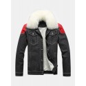 Mens Button Up Stone Washed Multi Pocket Fur Fluffy Collar Thick Casual Denim Jacket