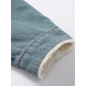 Mens Button Up Stone Washed Multi Pocket Fur Fluffy Collar Thick Casual Denim Jacket