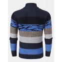 Men Striped Color Block Zipper Stand Collar Casual Cardigans