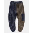 Mens Two Tone Striped Patchwork Flap Pocket Cotton Pants