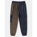 Mens Two Tone Striped Patchwork Flap Pocket Cotton Pants