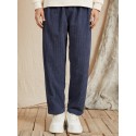 Men Corduroy Solid Elastic Waist Ankle Length Casual Pockets Pants