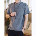 Men Casual Short Sleeve Stand Collar Chinese Style Button Shirts Kung Fu Top Tee