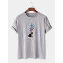 100% Cotton Mens Cartoon Astronaut Planet Print Short Sleeve Funny T-Shirts