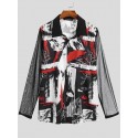 Men Abstract Print Mesh Patchwork Long Sleeve Lapel Collar Shirt