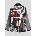 Men Abstract Print Mesh Patchwork Long Sleeve Lapel Collar Shirt