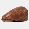 Men PU Leather Solid Color Absorb Sweat Breathable Beret Flat Cap Casual Warmth Newsboy Hat Forward Hat