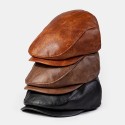 Men PU Leather Solid Color Absorb Sweat Breathable Beret Flat Cap Casual Warmth Newsboy Hat Forward Hat