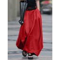 Women Cotton High Elastic Waist Side Pocket Zipper Solid Casual Skirts