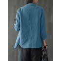Women 100% Cotton Solid Color Button Front Business Thin All-Match Blazer With Pocket