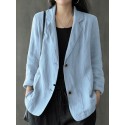 Women 100% Cotton Solid Color Button Front Business Thin All-Match Blazer With Pocket