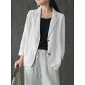 Women 100% Cotton Solid Color Button Front Business Thin All-Match Blazer With Pocket