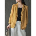 Women 100% Cotton Solid Color Button Front Business Thin All-Match Blazer With Pocket