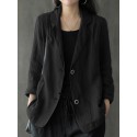 Women 100% Cotton Solid Color Button Front Business Thin All-Match Blazer With Pocket