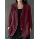 Women 100% Cotton Solid Color Button Front Business Thin All-Match Blazer With Pocket