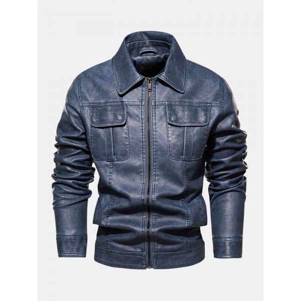 Men Zipper Lapel Pockets PU Leather Motorcycle Jackets