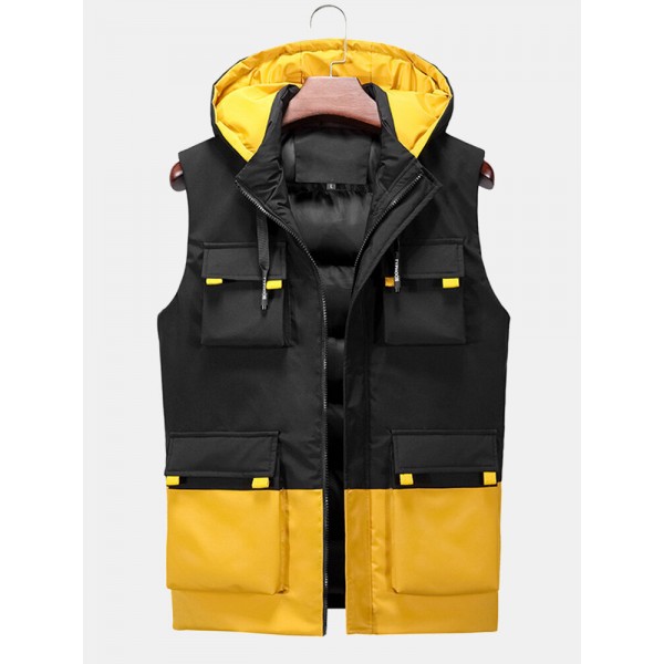 Mens Contrast Patchwork Warm Windproof Hooded Padded Gilet Vests With Multi Pock