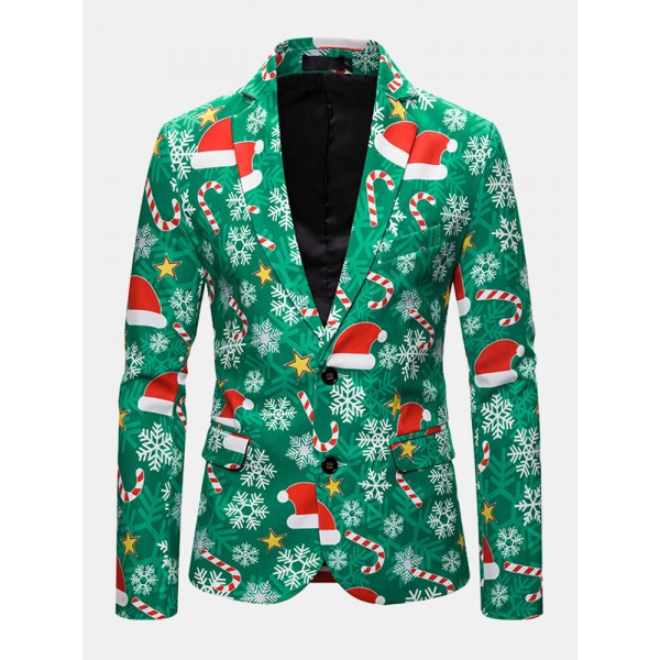 Mens Christmas Pattern Printing Single-Breasted Casual Party Long Sleeve Blazer