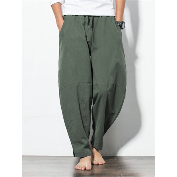 Men's Loose Wide Leg Pants Solid Color Casual Baggy Breathable Cotton Harem Pants