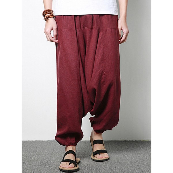 Men's Cotton Linen Harem Pants Casual Baggy Loose Trousers Fashion Wide Legs Trousers