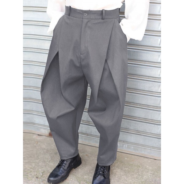 Men Plain Cross Pleated High Waist Loose Fit Pants