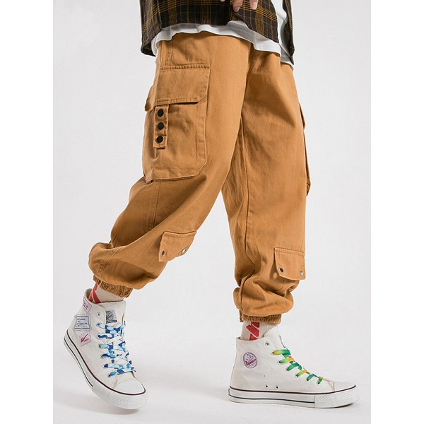 Mens 100% Cotton Utility Drawstring Relaxed Fit Cuffed Cargo Pants