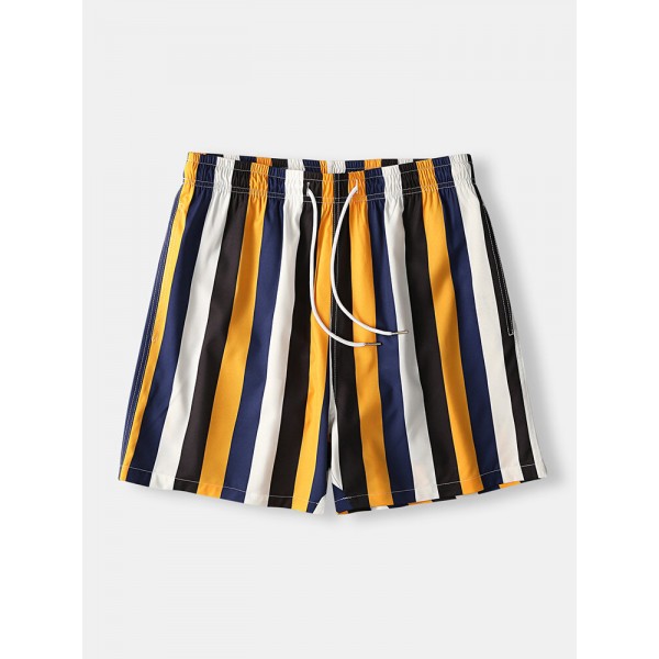 Men Colorful Stripe Shorts Quick Drying Mesh Lining Mid Length Beach Holiday Swim Trunks Shorts