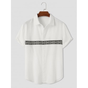 Mens Geometric Pattern Ribbon Button Up Cotton Short Sleeve Shirts