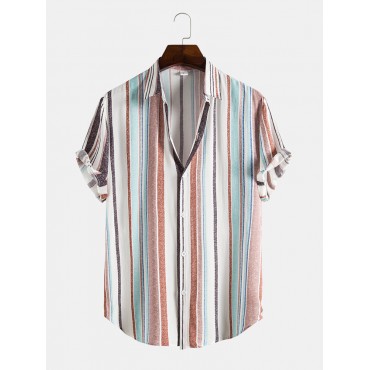 Mens Stripe Print Short Sleeve Lapel Regular Hem Preppy Shirt