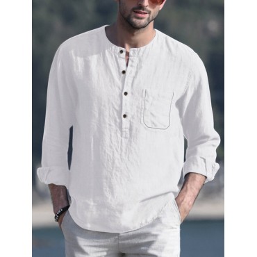Mens Linen Chest Pocket Causal Loose Long Sleeve Henley Shirt