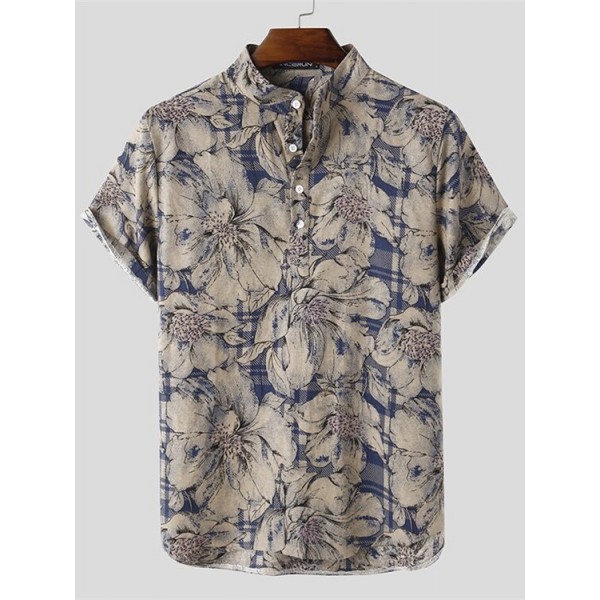 Men Floral 100%Cotton Linen Button Short Sleeve Casual Shirts