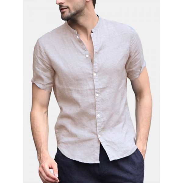 Men Linen Short Sleeve Shirt Beach Loose Soft Casual Collarless Shirt Top Blouse