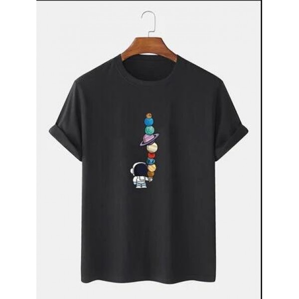 100% Cotton Mens Cartoon Astronaut Planet Print Short Sleeve Funny T-Shirts