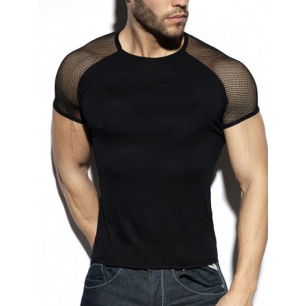 Men Contrast Mesh Patchwork Crew Neck Short Sleeve T-shirt