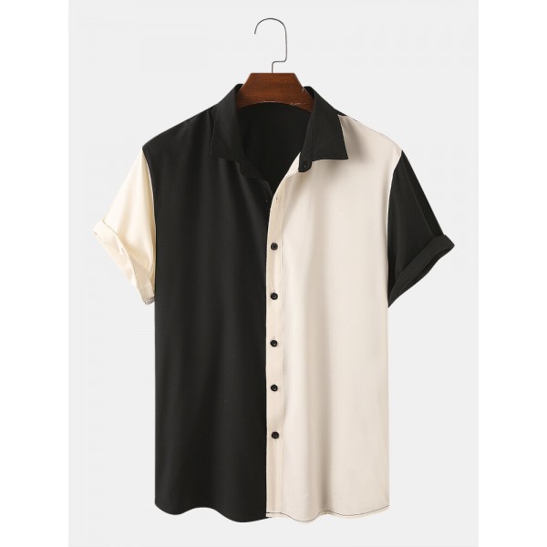 Men Designer Solid Color Patchwork Short Sleeve Casual Shirts