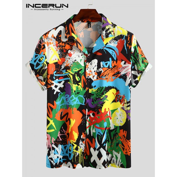 Men Contrast Graffiti Colorblock Soft Breathable Graceful Leisure Shirts