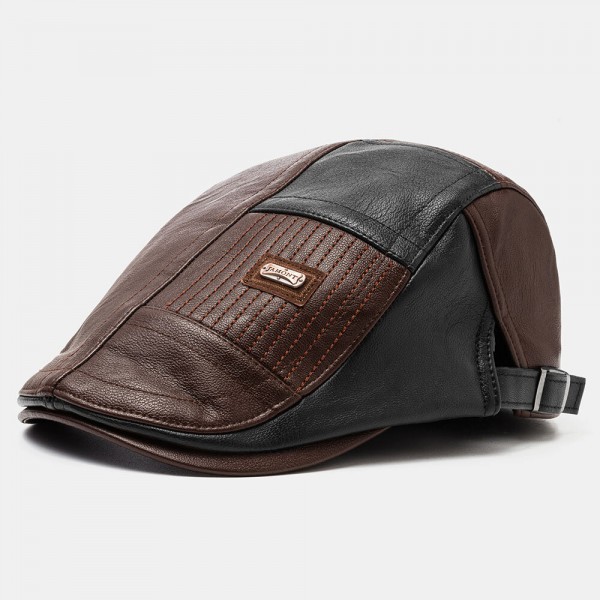 Collrown Men PU Leather Patchwork Color Casual Vintage Adjustable Forward Hat Be