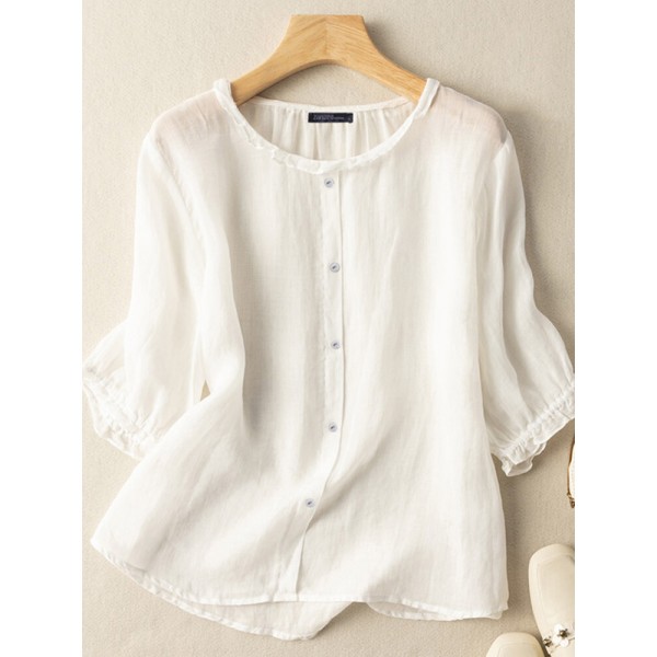 Lettuce Edge Crew Neck Solid Butto 3/4 Sleeve Blouse