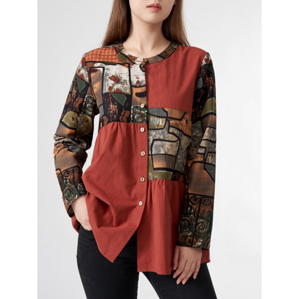 Abstract Pattern Contrast Button Long Sleeve Stand Collar Blouse
