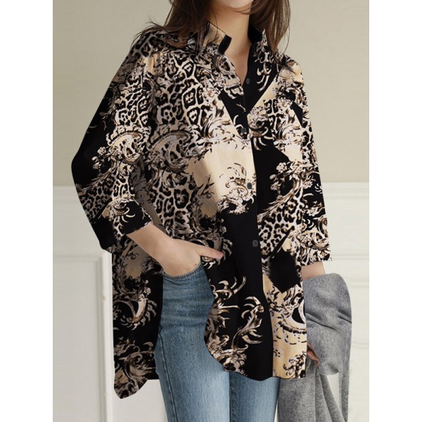 Leopard Button Split Long Sleeve V Neck Blouse