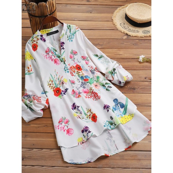 Flower Plants Print Pocket Button Stand Collar Long Sleeve Blouse
