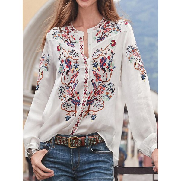 Ethnic Style Print Round Neck Long Sleeve Bohemia Button Blouse For Women