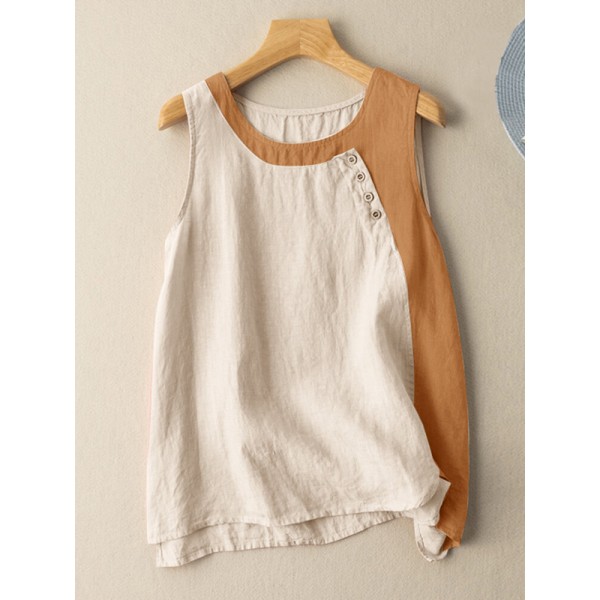 Contrasting Color Button Sleeveless Round Neck Casual Cotton Tank Top
