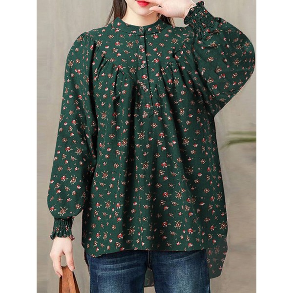 Ditsy Floral Print Button Shirred Long Sleeve Blouse