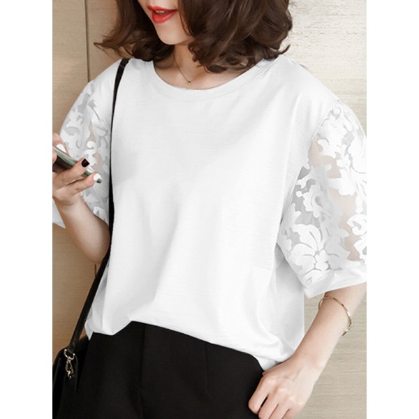 Patchwork Round Neck Half Sleeve Casual Blouse