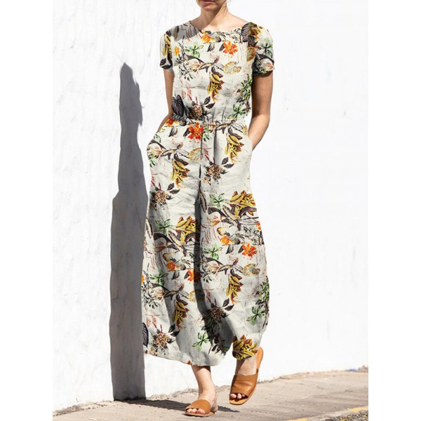 Plant Print Pocket Sash Round Neck Short Sleeve Cotton Jumpsuit