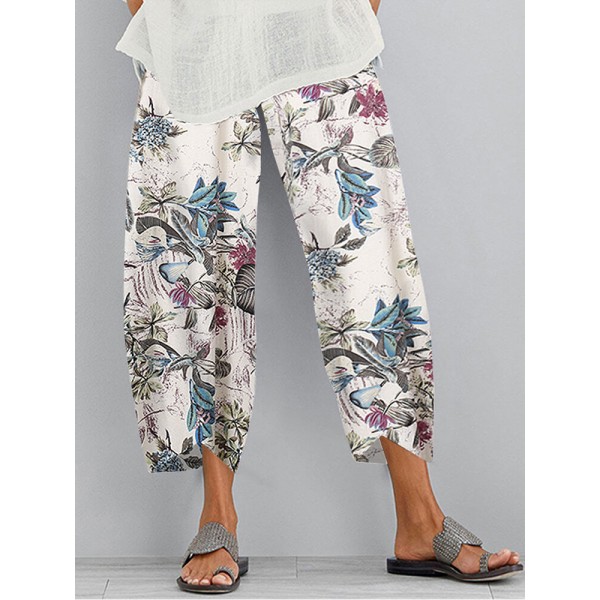 Retro Floral Print Elastic Waist Irregular Hem Pocket Casual Pants For Women