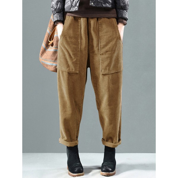 Corduroy Elastic Waist Solid Color Harem Pants